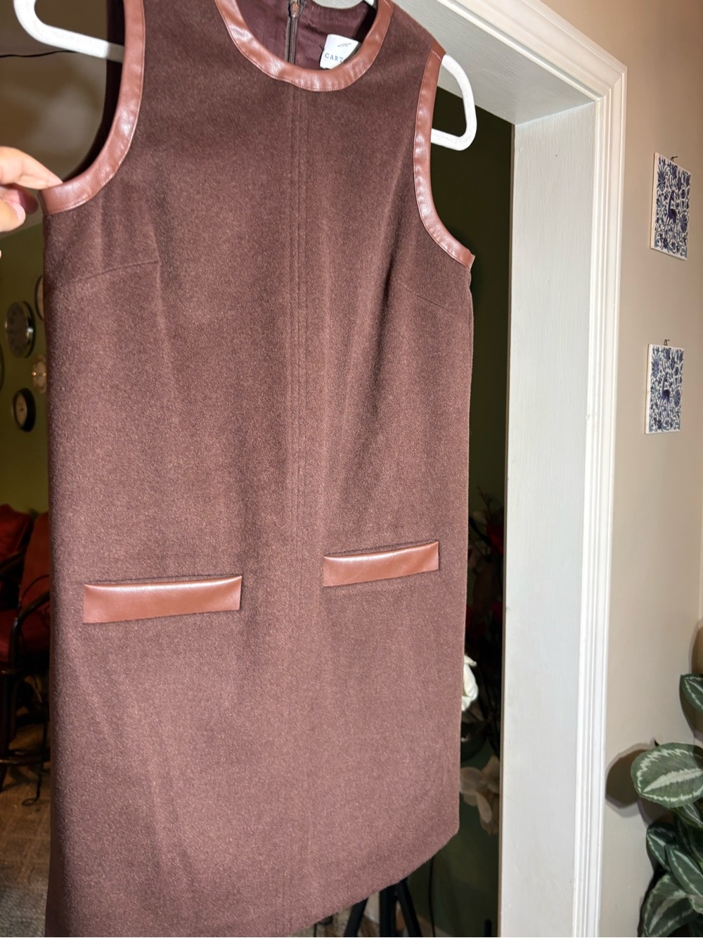 NWT Anthropologie Cartonnier June Brown Cashmere Wool Shift Dress Leather Trim